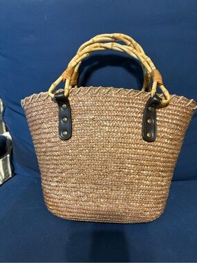 Woven Straw Tote Bag with Twisted Bamboo Handles - Natural/Brown